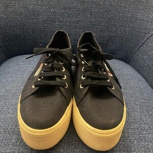 Superga Black Canvas Sneakers with Tan Soles